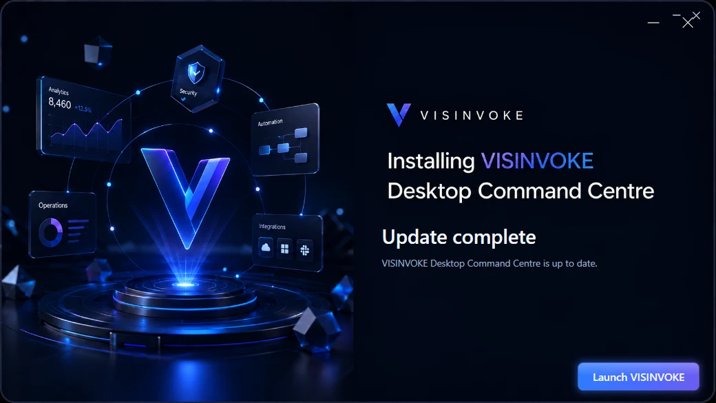 Genuine Desktop Command Centre installer showing a completed update and Launch VISINVOKE