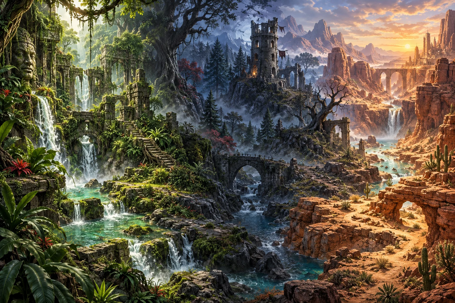 Jungle ruins, haunted woodland and sandstone desert in a connected environment capability illustration
